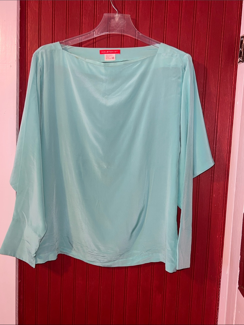 Vintage 80’s Halston Heritage Aqua Relaxed Boatneck Silk Blouse 14